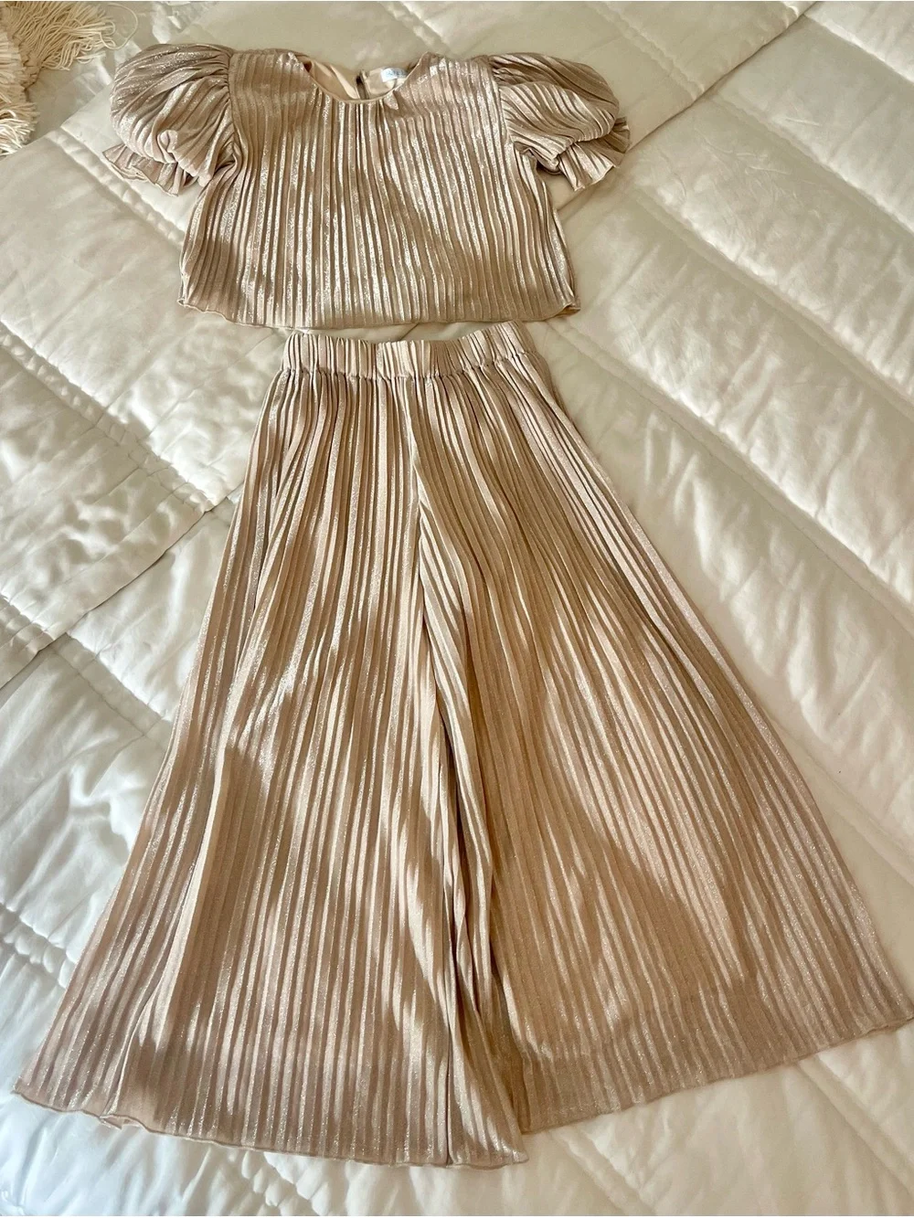 Girls’ Pleated Metallic Wide-Leg Pants - Cream
